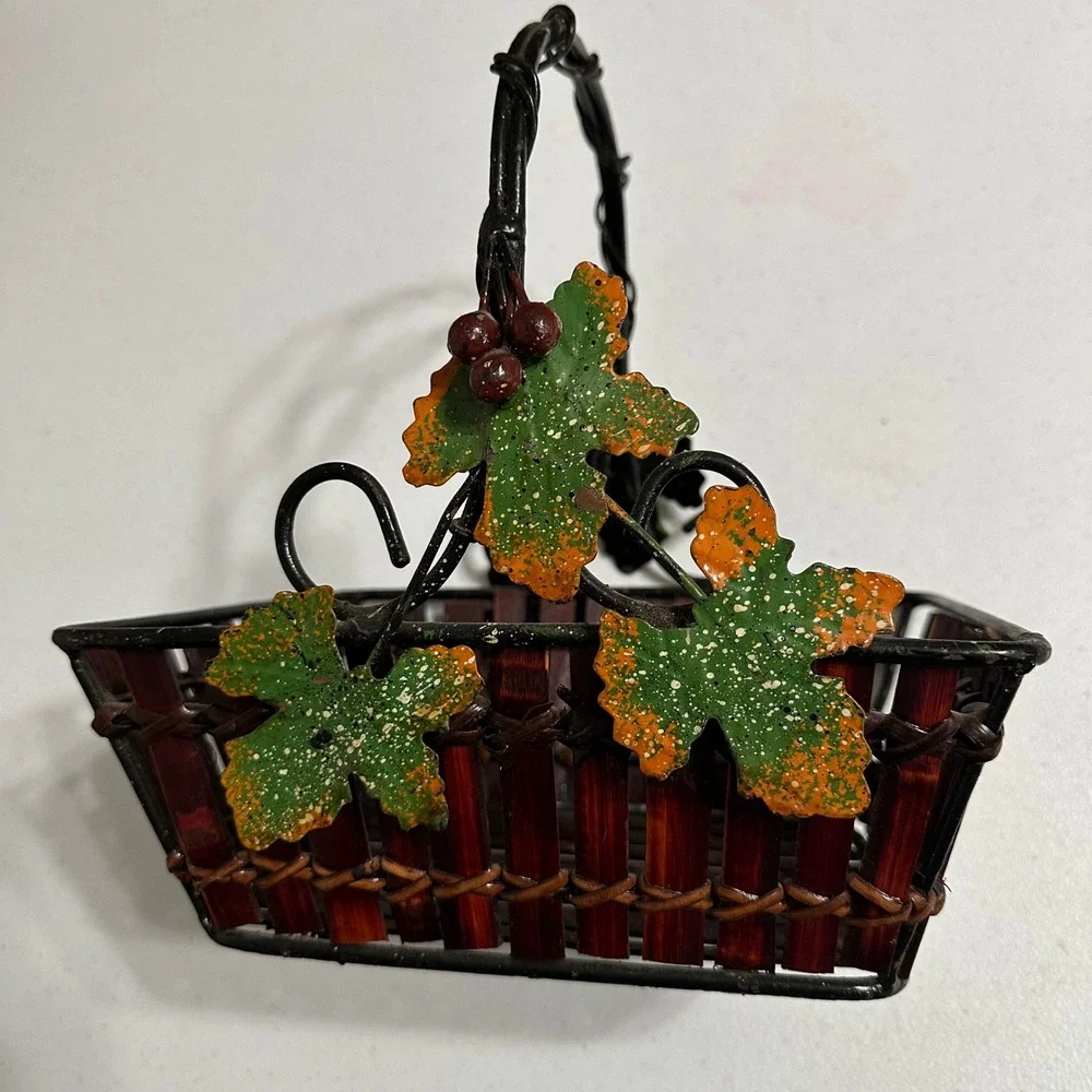 Grape Vine Metal & Bamboo Wood Slat Decorative Basket with Handle Rustic Vintage